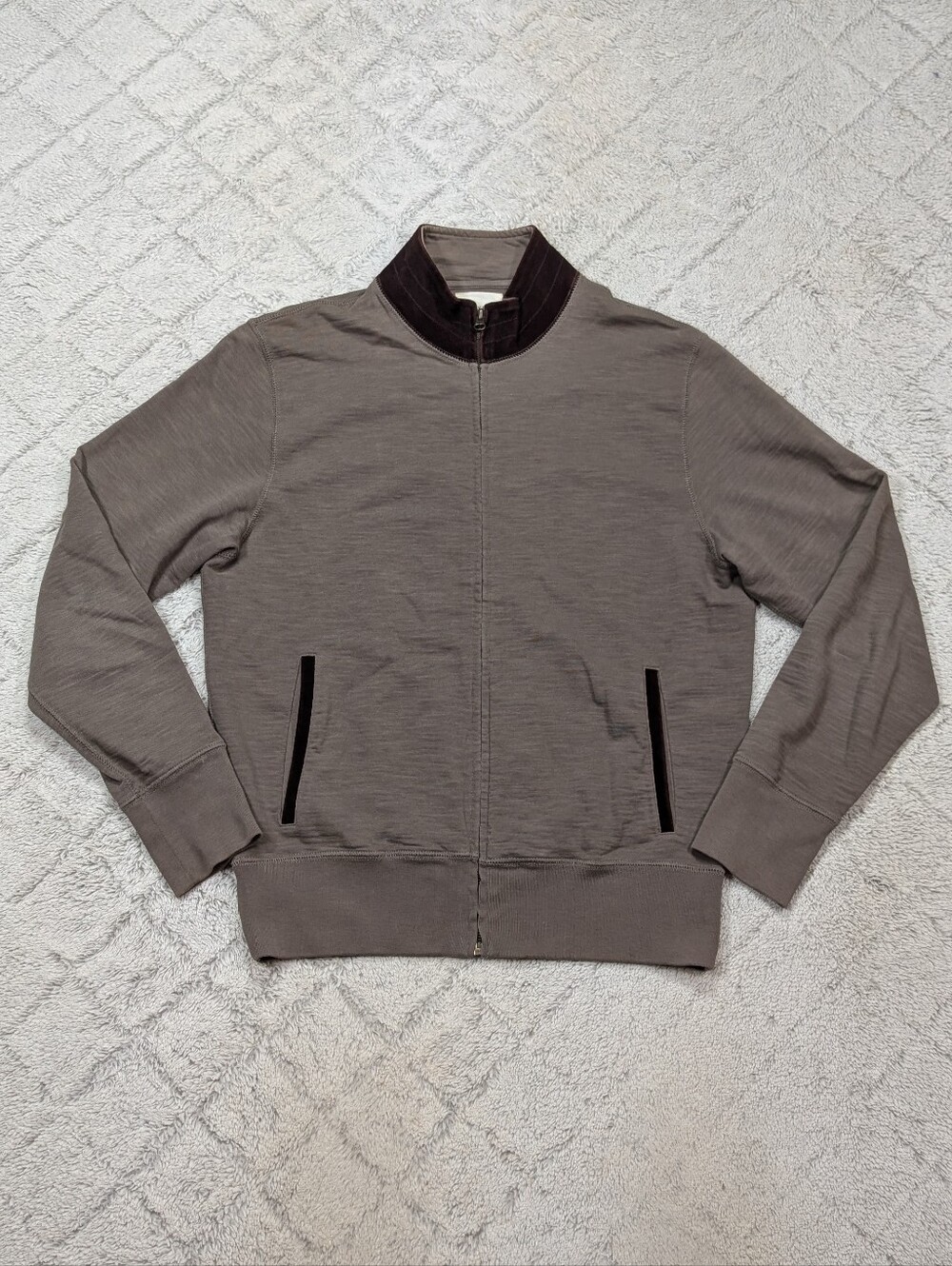 Billy Reid Jacket Mens M Gray Taupe Cotton Bomber Full Zip Leather Suede Trim